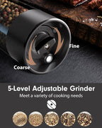 Upgraded Larger Capacity Electric Salt and Pepper Grinder Set Rechargeable with LED lights, Stainless Steel Automatic Pepper and Salt Grinder Refillable with 5 Adjustable Coarseness Black - White