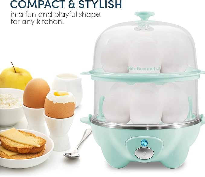 Elite Gourmet EGC1405M 2-Tiered Rapid Egg Cooker, 5-Egg Poacher, Omelets, Soft, Medium, Hard-Boiled Eggs with Auto Shut-Off and Buzzer, BPA Free, 14 eggs, Mint