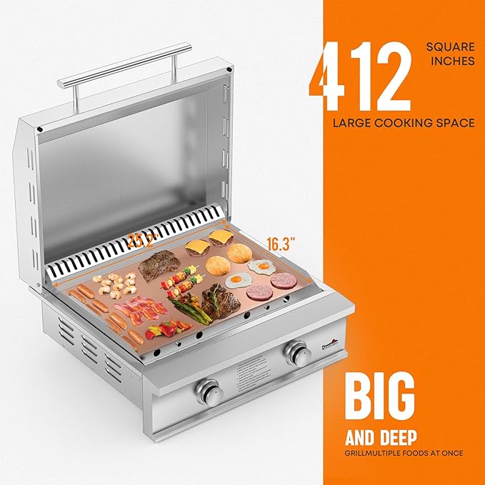 Stanbroil 28-Inch Premium Built-In Liquid Propane Griddle for Outdoor Kitchen Grill, Durable Stainless Steel 2-Burner Flat Top Grill with Lid for BBQ Island, 34,000 BTUs