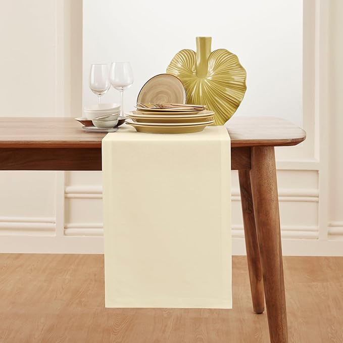 Solino Home Ivory Table Runner 90 Inches Long - Dru Cotton Linen 14 x 90 Inch Table Runner for Dining, Summer, Fall, Autumn - Handcrafted and Machine Washable