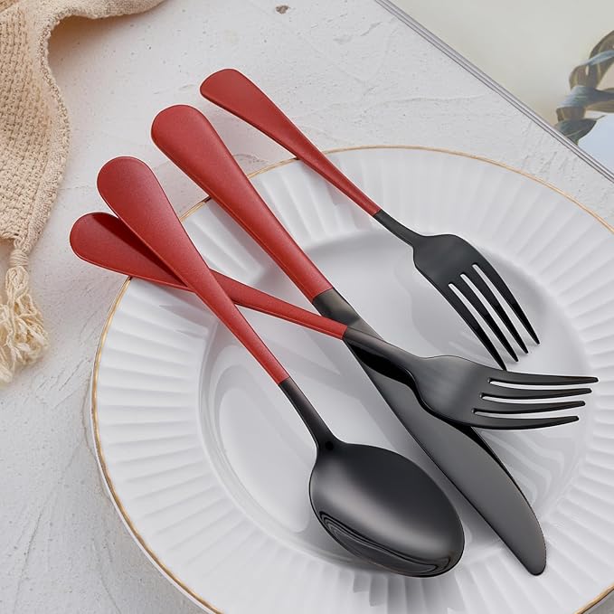 20-Piece Red Silverware Set 18/0 Stainless Steel Black Silverware Set Red Handle Cutlery Black Set Service for 4 Dinner Knives Forks Spoons Set Black Flatware SetFinish Dishwasher Safe