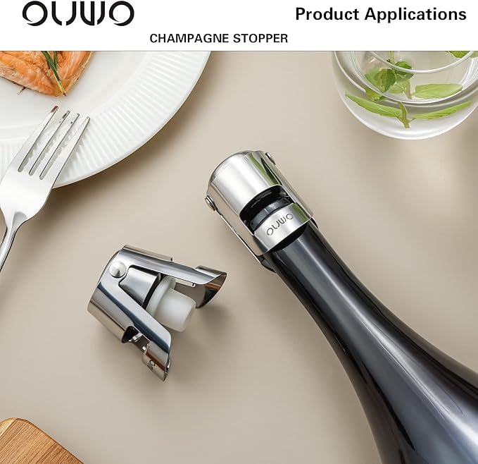 Champagne Stopper 6 Pack Stainless Steel Champagne Save with Food Grade Silicone，Leak-Proof Bubble Retaining Saver，Suitable for Champagne Prosecco Cava and Sparkling (Silver)