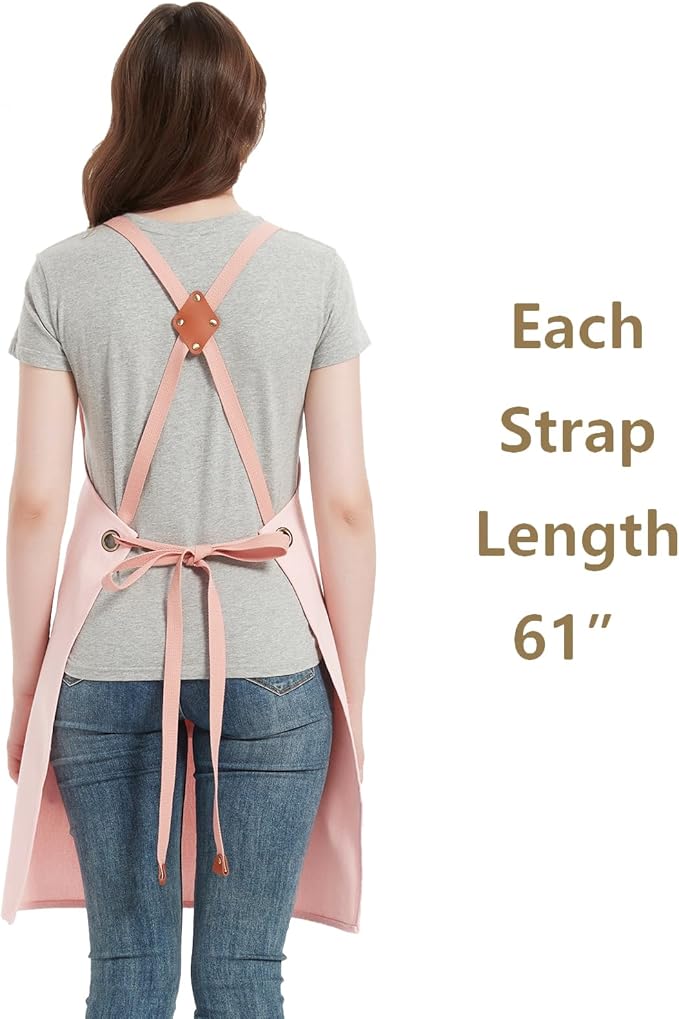 AFUN Chef Aprons for Women Men with Large Pockets, Cotton Canvas Cross Back Water Repellent Work Apron, Size M to XXL (LightPink)