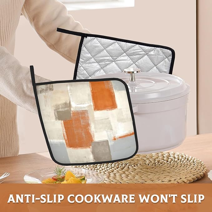 2 Pack Orange and Grey Pot Holders for Kitchen Heat Resistant, Abstract Art Painting Potholders for Kitchens Washable for Cooking & Baking & Microwave
