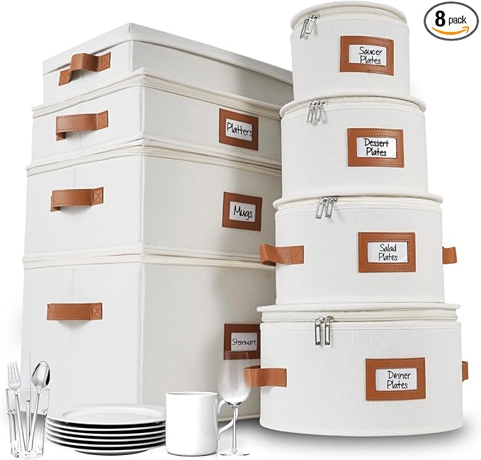 HOMELUX THEORY Hard Shell China Storage Containers, 8pc Ivory Mug & Plate Storage Box, Kitchen Storage Bins W/Lids, Heavy Duty Moving Box with Handles for Dishes, Glassware, Silverware, Cup & Mug