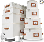 HOMELUX THEORY Hard Shell China Storage Containers, 8pc Ivory Mug & Plate Storage Box, Kitchen Storage Bins W/Lids, Heavy Duty Moving Box with Handles for Dishes, Glassware, Silverware, Cup & Mug