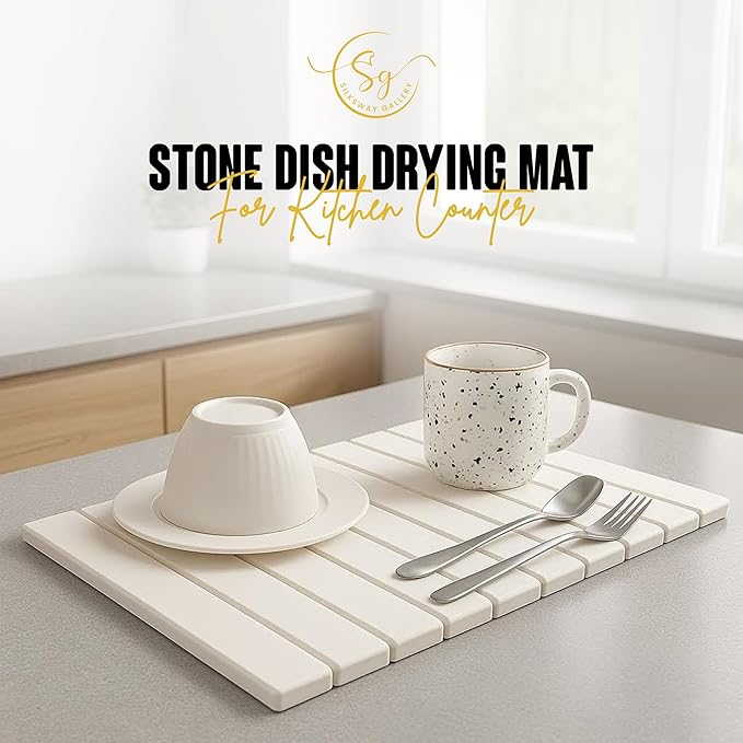 Large Stone Dish Drying Mat for Kitchen Counter, Instant Drying Pad, Super Absorbent Foldable Dish Drying Mat, 24"×16", White