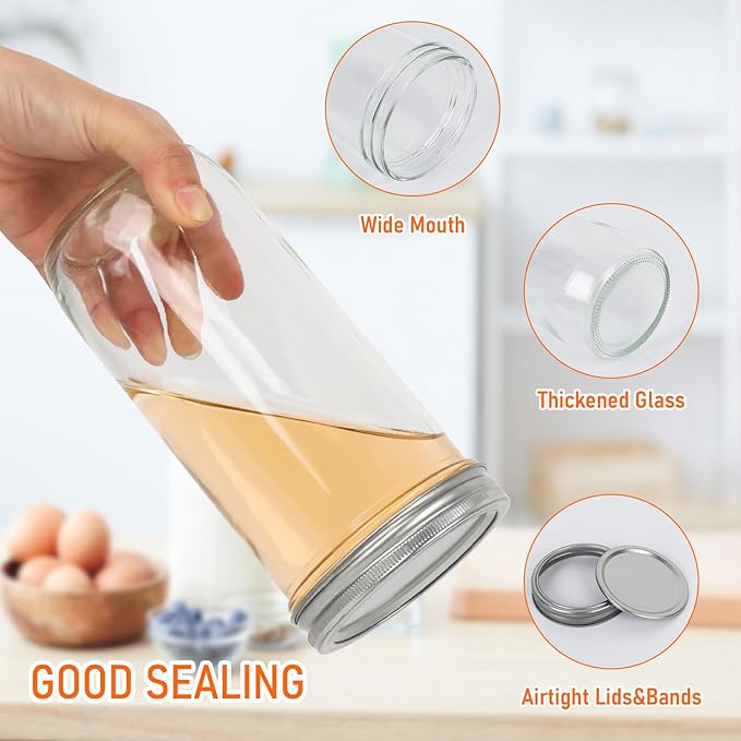 24 oz Wide Mouth Mason Jars 6pack, Glass Tall Mason Jars 24 oz with Airtight lids and Bands for Canning, Preserving, Fermenting, Pickling, DIY Projects (24 fl. oz, Set of 6)