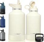 CIVAGO 64 oz Insulated Water Bottle With Straw, Half Gallon Stainless Steel Sports Water Flask Jug with 3 Lids (Straw, Spout and Handle Lid), Large Metal Thermal Cup Mug, Cream