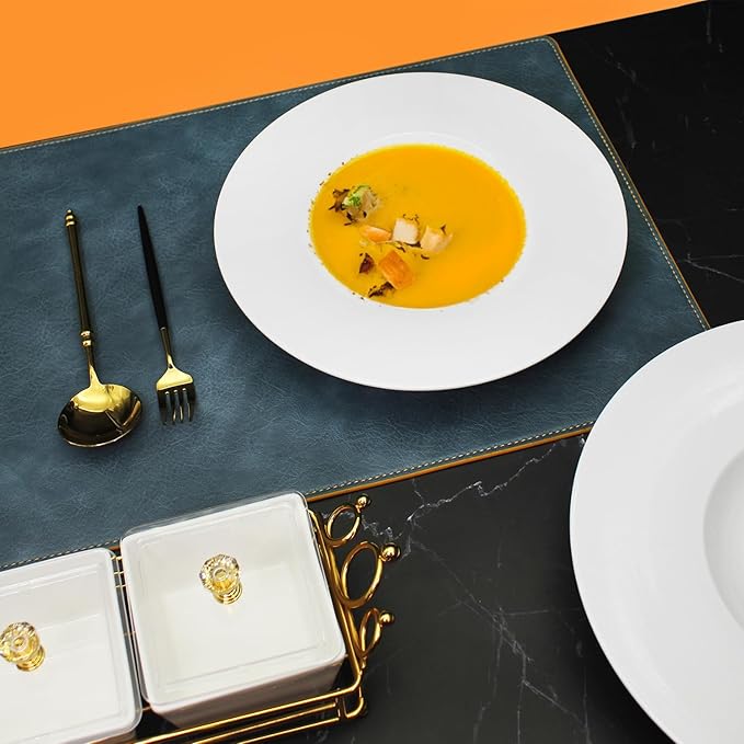 Ceramic Wide Rimmed Soup Plate, Soup Bowl 8 oz, Pasta Bowl Set of 4, White Shallow Bowl Plate with Rim, Best choice for high-end restaurants, hotels, and foodies, 9.6 Inch