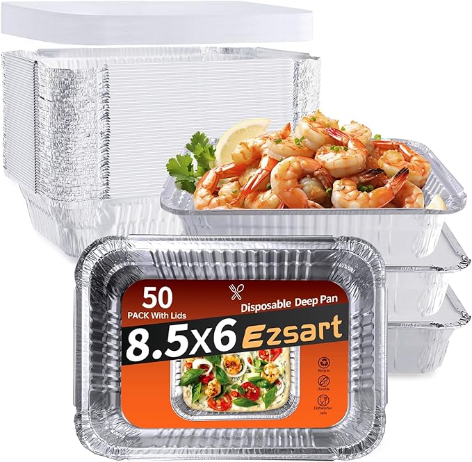 Aluminum Pans with Lids - 50 Pack 2.25LB Capacity Disposable Pans, 8.5”x6” Heavy Duty Tin Foil Pans with Lids for Cake Baking, Cooking, Heating, Storing, Prepping Food