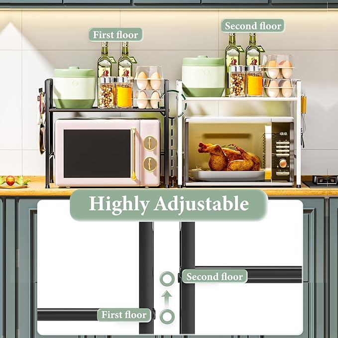 Microwave Stand Countertop, 2-Tier Adjustable Metal Oven Rack with 4 Hooks, Heavy Duty Carbon Steel Organizer Shelf for Microwave/Oven/Toaster, Kitchen Storage (Black, 2-Tier)