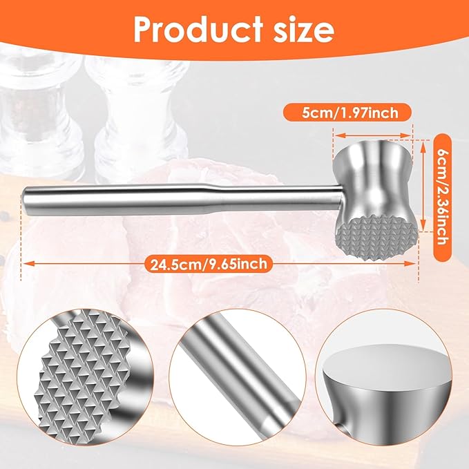 304 Stainless Steel Meat Tenderizer Mallet, 9.6'' Dual Side Heavy Duty Meat Mallet, Easily Softens Steak, Chicken, Pork and Beef, Kitchen Meat Hammer Tenderizer, Dishwasher Safe