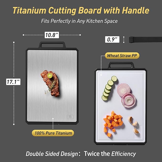 Titanium Cutting Boards for Kitchen Chopping Board with Handle Large Big Small Kitchen Meat Butcher Block 2 in 1 Pure Titanium and Wheat Straw PP Not Wood Bamboo Plastic Silicone Teak Black/White