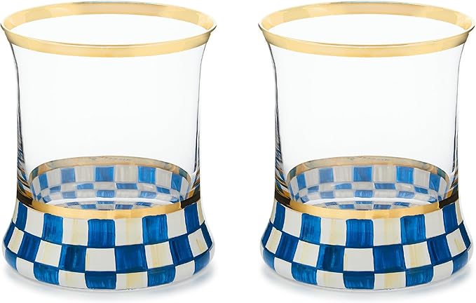 MACKENZIE-CHILDS Tumbler Glasses, Elegant Drinkware, Glasses with Gold Rim, 8 Ounces, Set of 2, Blue-and-White Royal Check