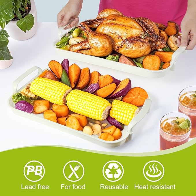 3 Pack Serving Tray with Handles, Stackable Reusable Trays for Serving Food, Plastic Serving Platters for Party, Charcuterie, Fruit, Appetizer, Solid Cream