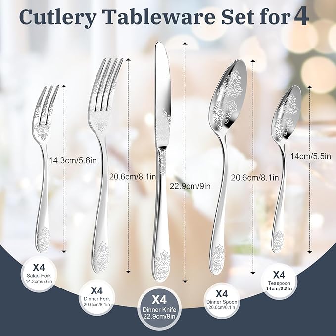 20-Piece Stainless Steel Silverware Set, Elegant Floral Engraved Cutlery Flatware Set for 4, Durable Tableware Utensil Sets Silver Include Fork Spoon Knife with Mirror Polish