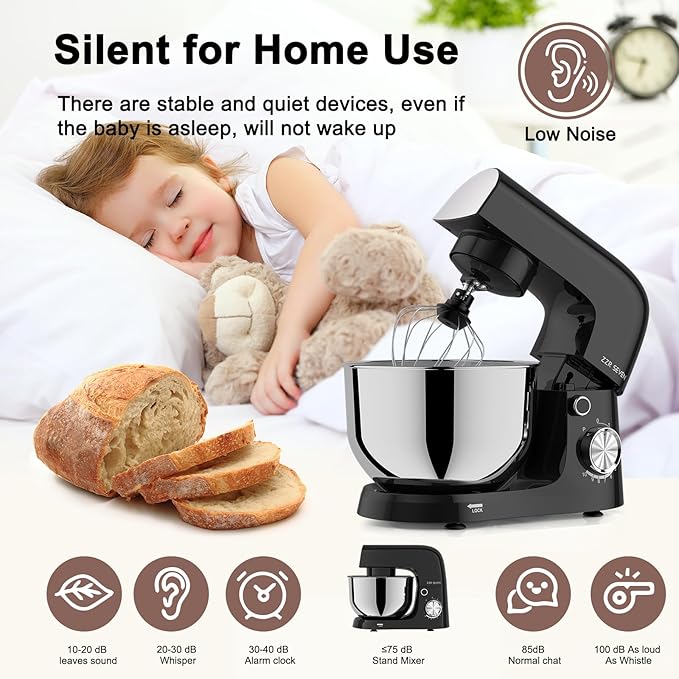 Stand Mixer, 5.5 Quart, 10 Speed Tilt-Head Food Mixer, Kitchen Electric Mixer with SS Bowl, Copper Motor, Beater, Dough Hook, SS Egg Whisk (300W Black)