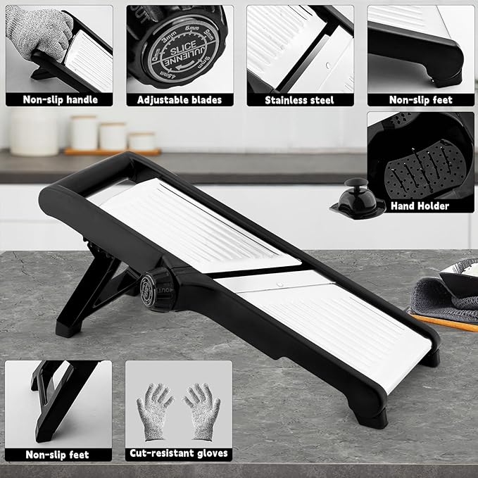 VEKAYA Mandoline Slicer for Kicthen,Adjustable Vegetable Slicer,Food Chopper,Potato Slicer,Mandolin,Tomato Slicer,Veggie Cutter,Stainless Steel Professional with Safety Gloves