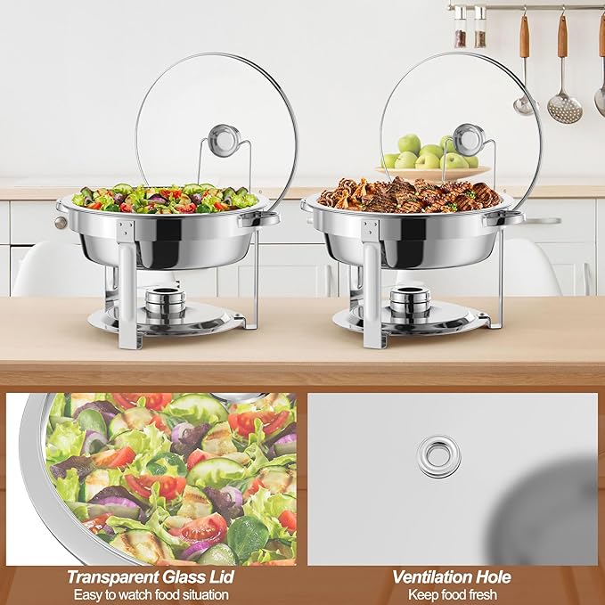 4 Packs Chafing Dish Buffet Set,8QT Round Glass Cover Stainless Steel Buffet Servers and Warmers, Thick Stand Frame Catering Chafe with Mirror Covers,Food Warmer for Party, Weddings,Picnic