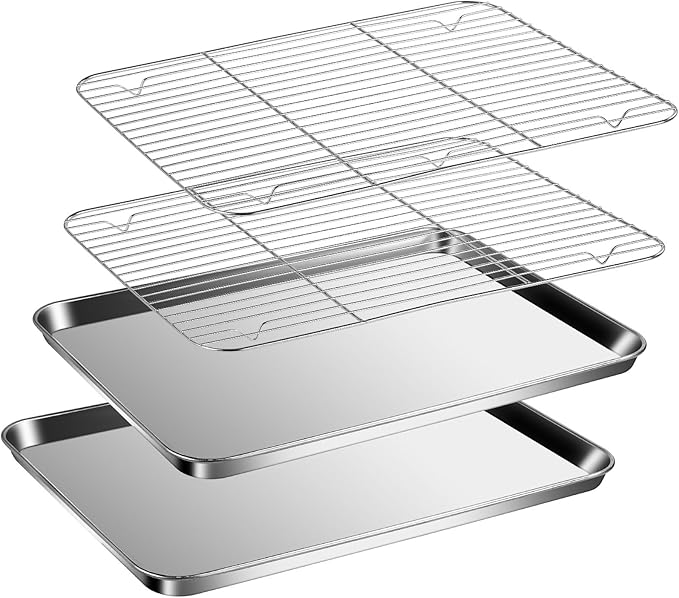 Baking Sheet with Racks Set [2 Sheets + 2 Racks], Stainless Steel Baking Sheets with Cooling Racks, Nonstick Pan, Warp Proof & Rust Proof & Easy to Clean, Size 12.4 X 9.6 X 1 Inch