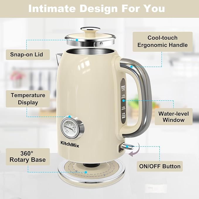 Electric Kettles1500W, 1.7L Stainless Steel Tea Kettle with Thermometer, Auto Shut-Off & Boil-Dry, Cool Touch Handle, BPA Free Kettle & Hot Water Kettle (Beige)