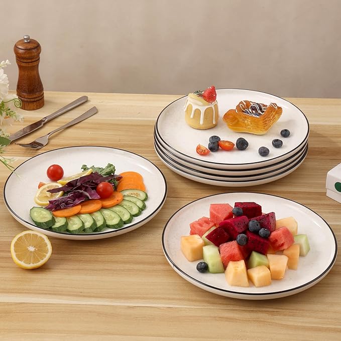 Ceramic White Dinner Plates Set of 6, 10.5 Inch Plates for Kitchen, Microwave Oven and Dishwasher Safe, Modern Dishes Set for Pasta,Steak, Dessert, Salad