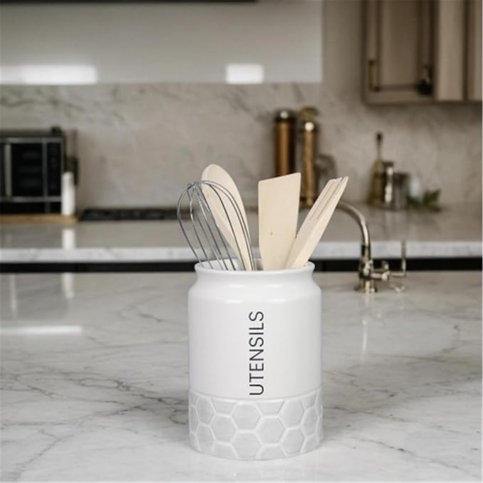 Young's Inc Modern Country Tool Holder with Wood Kitchen Tools, Ceramic Utensil Holder for Kitchen Counter, Cooking Spoon & Spatula Holder for Counter with Utensils, White/Grey