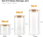 YUNCANG Glass Storage Jars [Set of 5],Clear Glass Food Storage Containers with Airtight Bamboo Lid Stackable Kitchen Canisters for Candy,Cookie,Rice,Sugar,Flour,Pasta,Nuts and Spice Jars