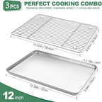 Baking Sheets 2 Pieces with A Rack, HKJ Chef Cookie Sheets and Nonstick Cooling Rack & Stainless Steel Baking Pans & Toaster Oven Tray Pan, Rectangle Size 12.5 x 10 x 1 inch & Non Toxic