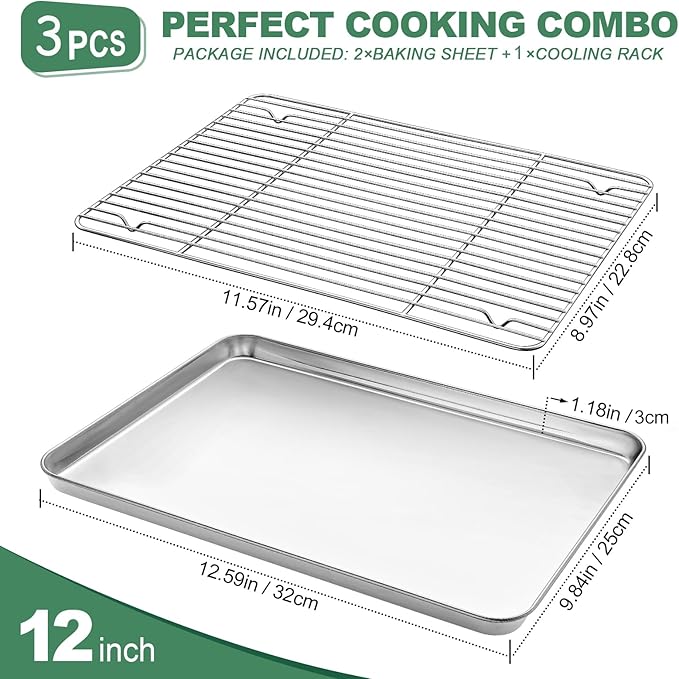 Baking Sheets 2 Pieces with A Rack, HKJ Chef Cookie Sheets and Nonstick Cooling Rack & Stainless Steel Baking Pans & Toaster Oven Tray Pan, Rectangle Size 12.5 x 10 x 1 inch & Non Toxic