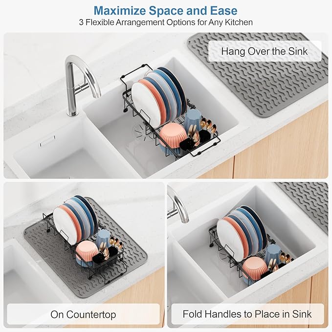iSPECLE in Sink Dish Drying Rack with Mat, Capacity Expandable Small Dish Rack Over Sink, Black