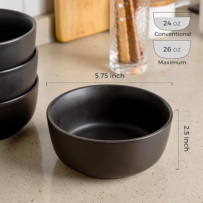 AmorArc Stoneware Cereal Bowls Set of 4, 26oz Soup Bowls Set for Cereal Soup Snacks, Modern Kitchen bowls for Meal, Dishwasher &Microwave Safe, Matte Black