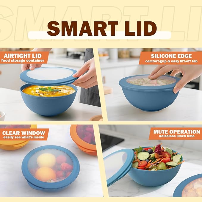40 OZ Bowls Set of 4, Unbreakable Lightweight Bowls Set with Lid, Microwave & Dishwasher Safe Lunchable Containers, Plastic Reusable Cereal Bowl for Soup, Salad, Noodle, Snack, Fruit, Blue