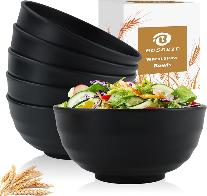 Wheat Straw Bowls Unbreakable Large Salad Bowls 60 OZ Set of 6, Microwave and Dishwasher Safe Large Plastic Bowl, Big Bowl for Eating, Serving Soup, Ramen, Popcorn (Black)