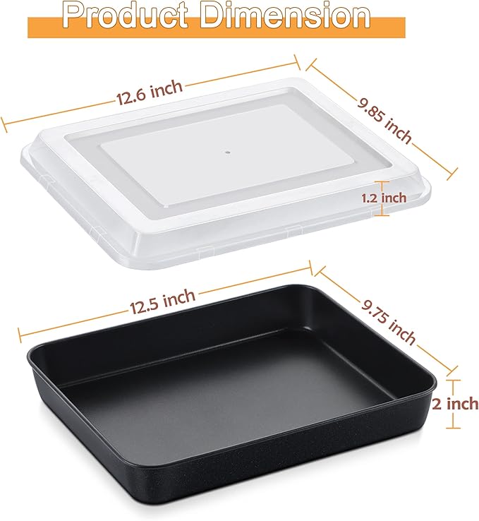 E-far Baking Pan with Lid, 9.75 x 12.5 x 2 Inch Nonstick Rectangle Cake Pans with Covers, 2 Sheet Pans Bakeware and 2 Lids for Brownies Cakes, Non-toxic & Stainless Steel Core, 2 Inch Deep
