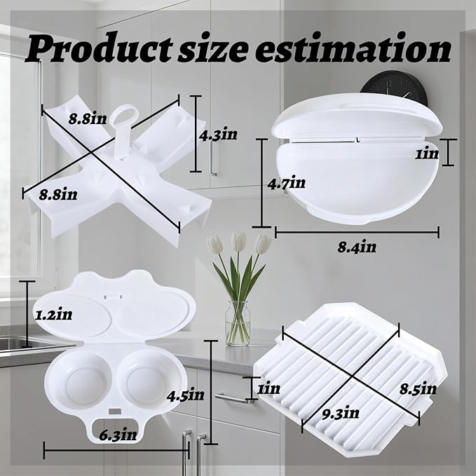 4-Piece Microwave Breakfast Set, Non-Stick Microwave Egg Poacher, Omelette Maker, Microwave Bacon Cooker & Microwave Baked Potato Cooker - Easy To Use For Quick Morning Meals(White)