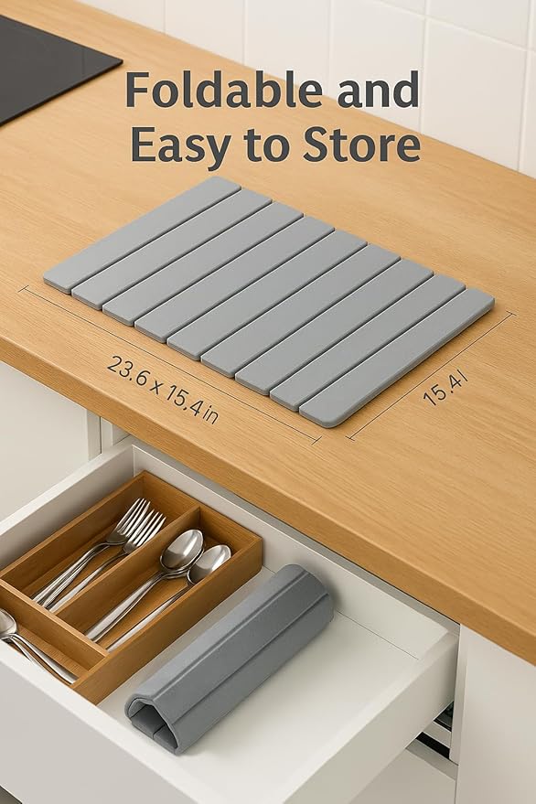 Stone Dish Drying Mat, Collapsible Stone Dish Mat, Super Absorbent Stone Dish Mat, Fast-Drying & Eco-Friendly Stone (24” x 16”) – Minimalist, Durable, & Stylish in light Gray
