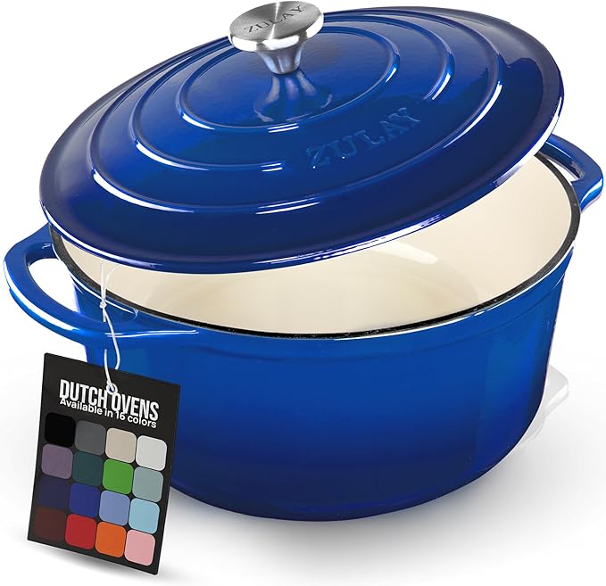 Zulay Kitchen 5 Quart Enameled Cast Iron Dutch Oven Pot with Lid – Premium Durability & Oven Safe up to 500°F – Heavy Duty Cookware Perfect for Bread Baking, Stews, Braising & Roasting – Blue