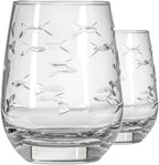 Rolf Glass School of Fish Clear Stemless Wine Glass | Set of 2 Stemless Glasses | 15oz Glass Tumblers | Engraved Lead-Free Coastal Glassware | Made in the USA