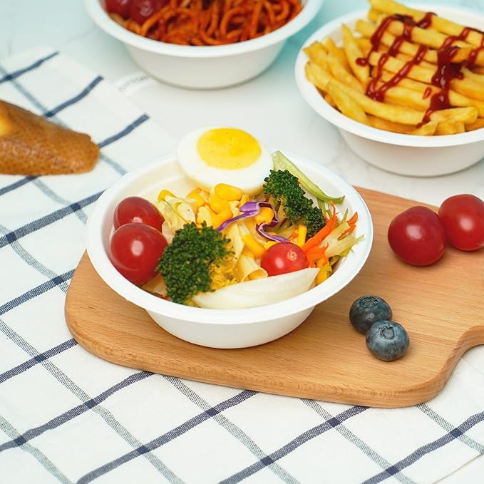 100 Count 12 oz Paper Bowls, Disposable Compostable Bowls, Heavy Duty Biodegradable Bagasse Bowl for Snacks, Soup, and Salads, White