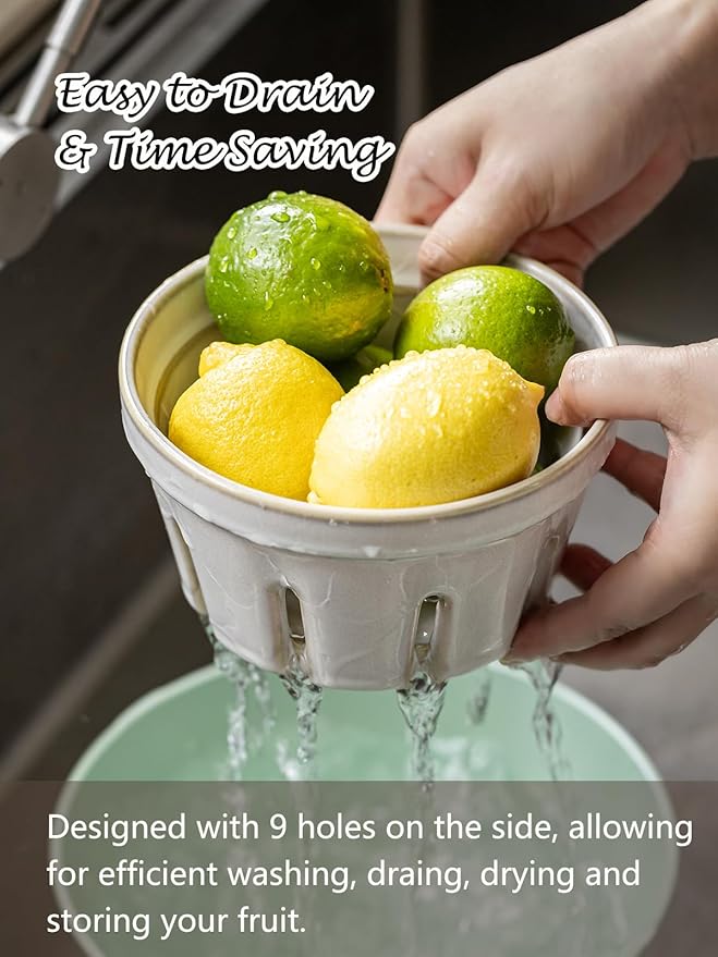 Gomakren Fruit Bowl with Holes, Ceramic Berry Basket Set of 2, 5.8 Inch Round Fruit Basket for Kitchen, Berry Containers Colander - Farmhouse Kitchen Decor, White