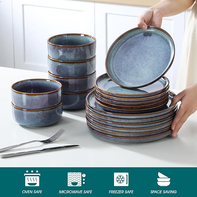 vancasso PLAYA Plates and Bowls Sets, 18 Pieces Grey-Blue Dinnerware Sets for Kitchen, Reactive Glaze Dishes Set for 6, Dishwasher and Microwave Safe