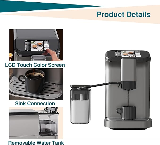 GarveeLife Espresso Machine with Built-in Grinder, 20Bar Pressure & Automatic Milk Frother, One-Touch Operation for Lattes and Cappuccinos, Compact Design for Home or Office Use