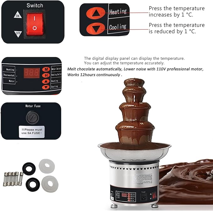 Chocolate Fountain 110V Electric 4-Tiers Digital Chocolate Fountain Melting Machine Heating Fondue Fountain,3kg of chocolate