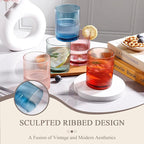 Physkoa Ribbed Drinking Glasses Set of 6 – 13 oz Vintage-Inspired Colorful Glassware – Heavyweight, Durable, Perfect for Water, Cocktails, Coffee, and Everyday Use