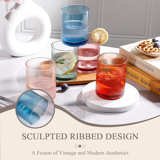 Physkoa Ribbed Drinking Glasses Set of 6 – 13 oz Vintage-Inspired Colorful Glassware – Heavyweight, Durable, Perfect for Water, Cocktails, Coffee, and Everyday Use