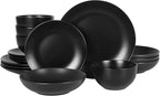 Gibson Home Queenslane 16-Piece Matte Black Stoneware Dinnerware Set – Double Bowl Plates and Bowls, Durable Kitchen Dinner Set