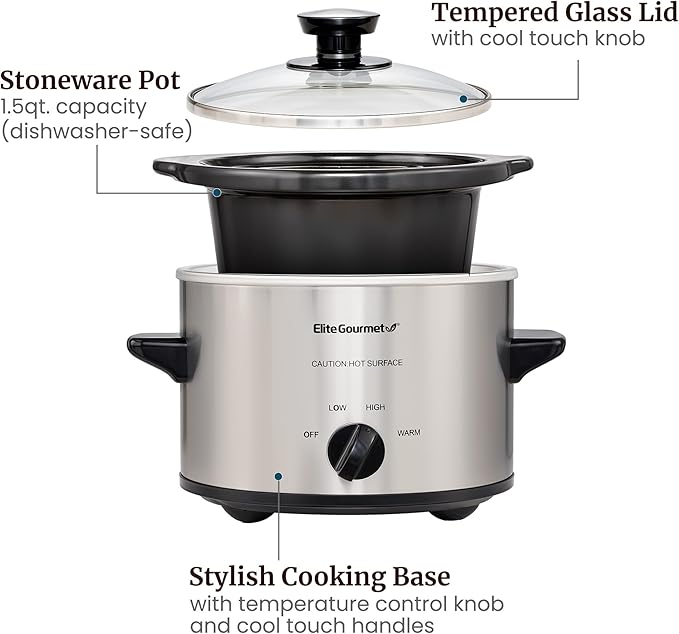 Elite Gourmet MST-250XS Electric Slow Cooker Ceramic Pot, Adjustable Temp, Entrees, Sauces, Stews & Dips, Dishwasher Safe Glass Lid & Crock, 1.5 Quart, Stainless Steel