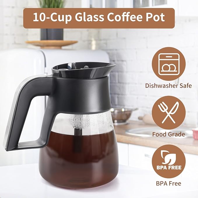 10 Cup Coffee Pot Replacement for Ninja Coffee Maker CM401 CP301 CFP101 CFP301 CP307 Glass Coffee Pot Replacement with Brewing Lid, Stainless Steel Metal Handle